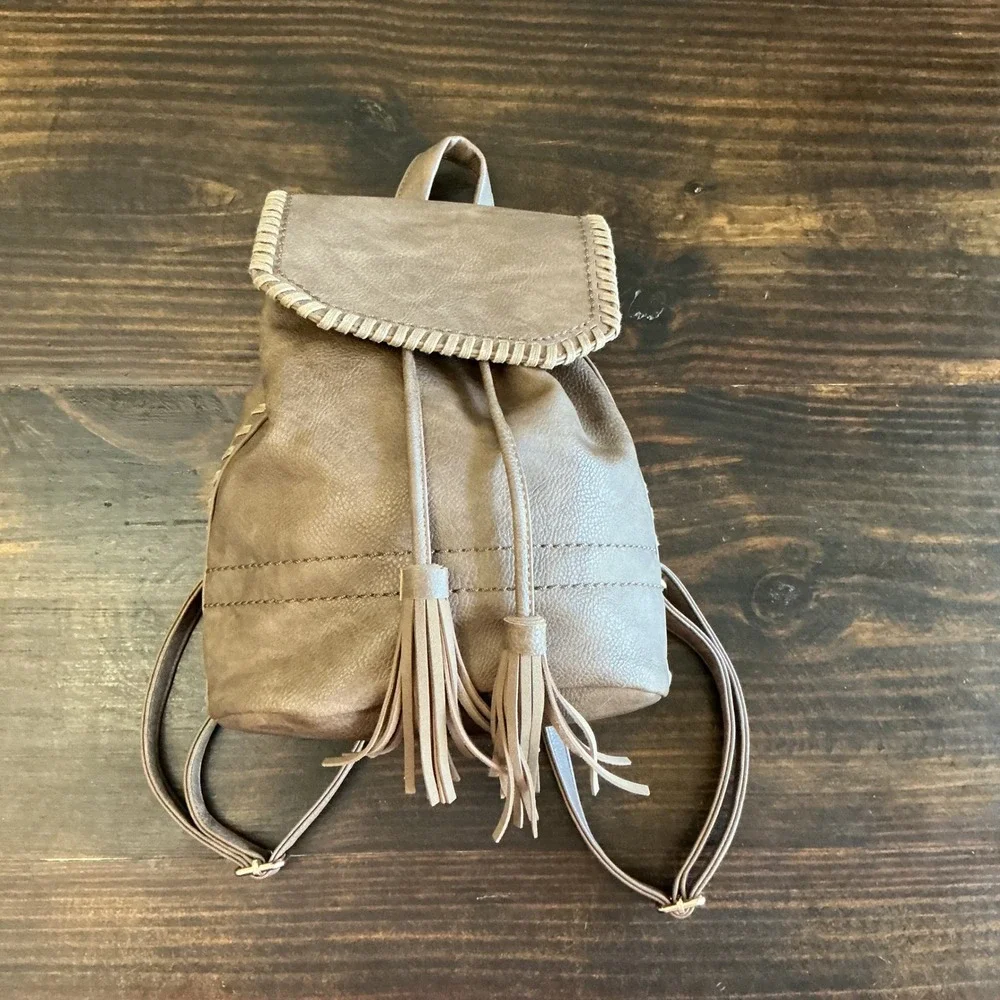 Brown Faux Leather Mini Backpack Tassel Whipstitch Boho Drawstring Bag